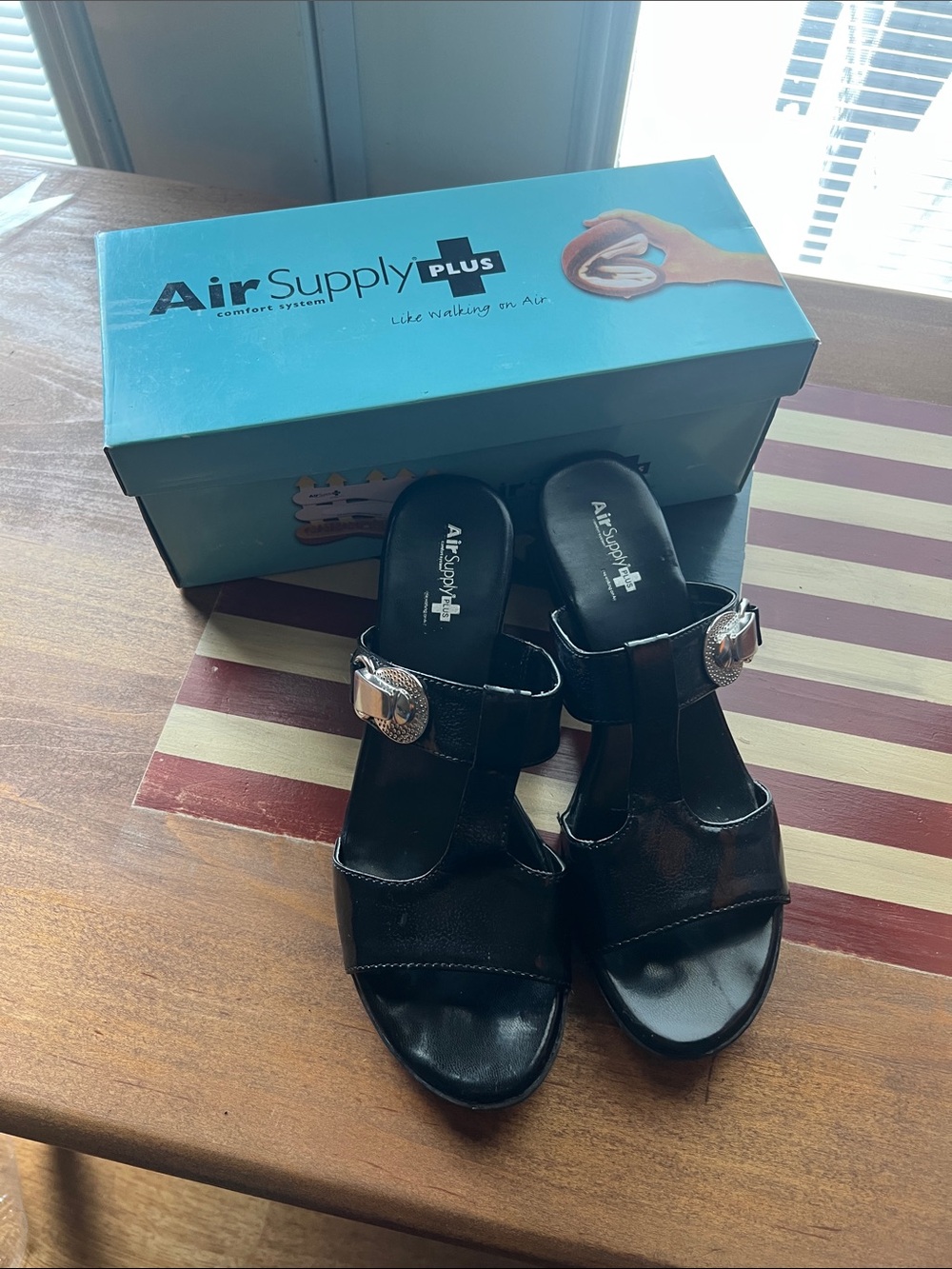 Women's Black Slide Sandals with Silver Buckle 8M